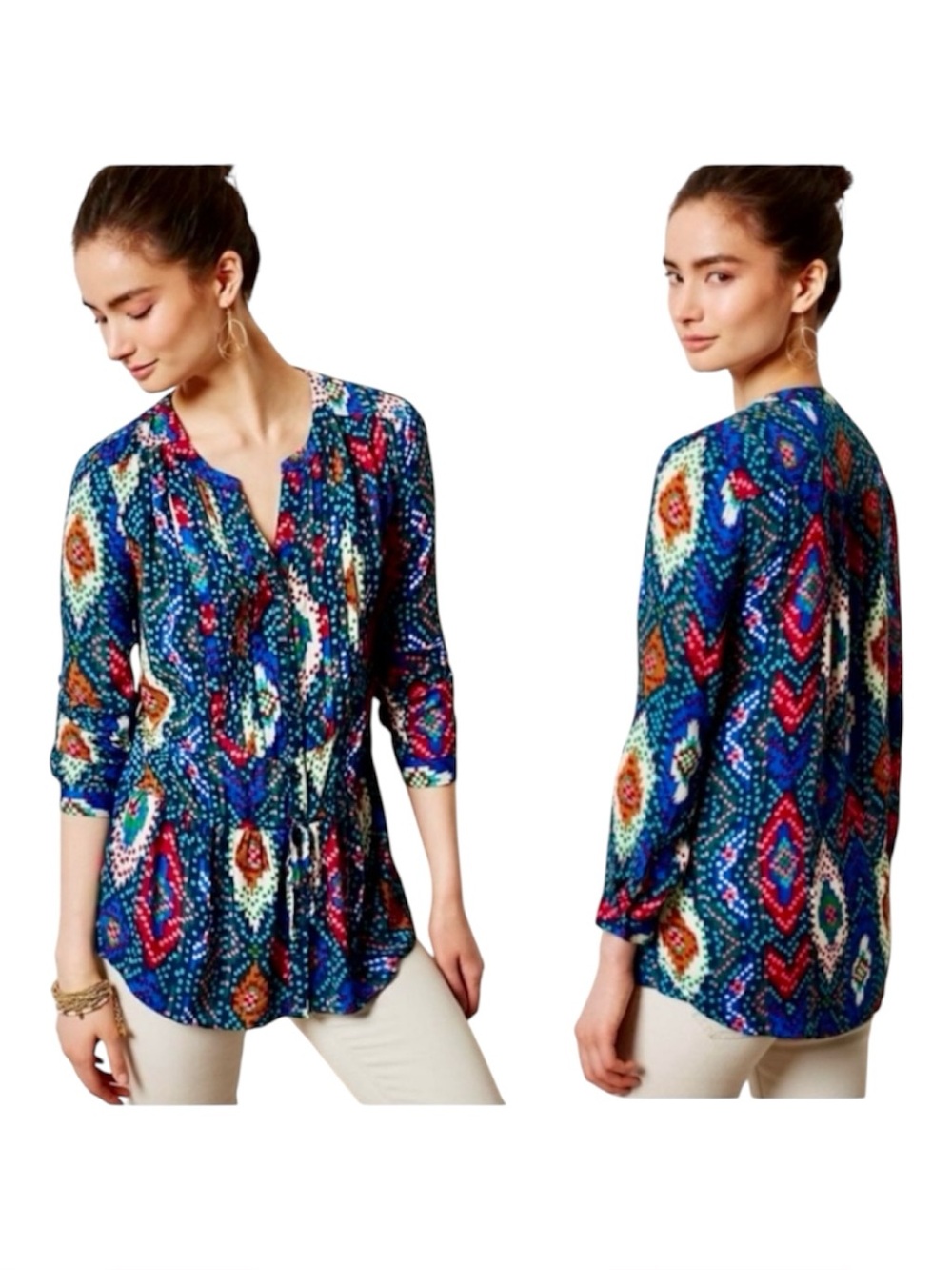 Anthropologie Maeve Topoxe Ikat Tie Waist Blouse Blue Rayon Size 6